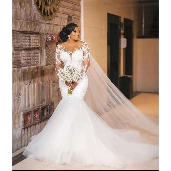 Plus taille mariage sirène aso ebi et couche transparent robe à manches longues