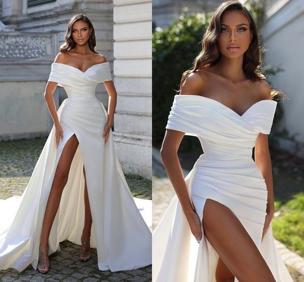 Robes de mariée sirène grande taille bohème épaules dénudées haut côté fendu manches courtes plis drapé robe de mariée avec train tribunal Boho vestido de novia sur mesure