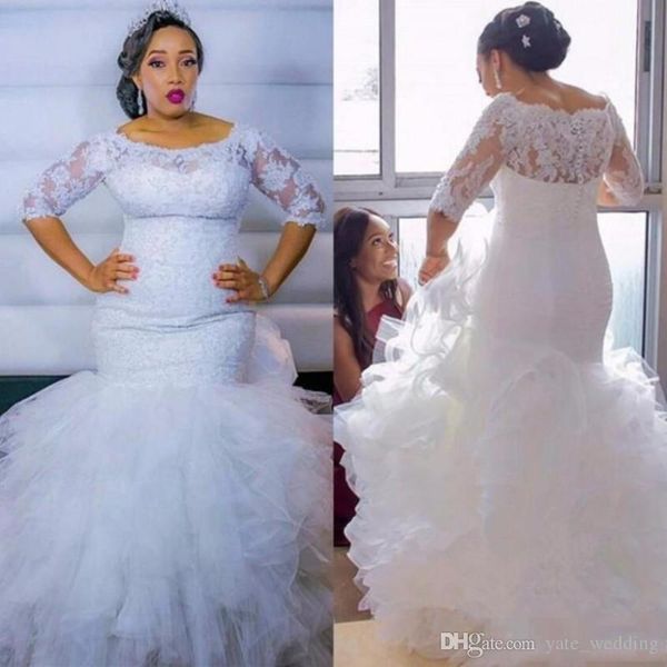 Vestidos de novia de sirena de talla grande Medias mangas Apliques de encaje Vestidos de novia Faldas escalonadas Tren de barrido de tul 2019 Vestido de novia Barato