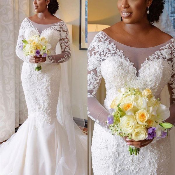 Vestidos de novia de sirena de talla grande, joya transparente, vestidos de novia de manga larga, apliques de encaje africano nigeriano sexy, vestido de novia2738
