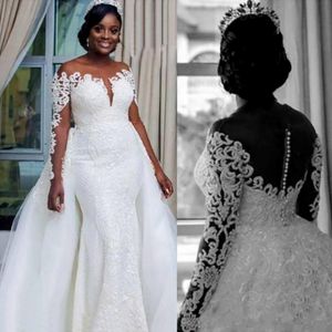 Plus size zeemeermin trouwjurken met afneembare treinvestido de novia African African Full Lace Applique Long Sleeve Church Wedding Gown 244L