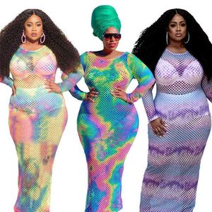 Plus Size Mesh Jurken voor Dames Groothandel Elegante Sexy Lange Mouw See Through Beach Maxi Jurk Zomer Drop 211116