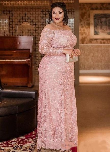 Vestido de madre de la novia de talla grande, encaje rosa, manga larga, cuello transparente, columna, longitud hasta el suelo, vestidos de fiesta de boda, ocasión formal4399968
