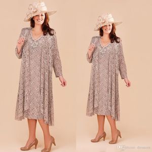 Plus size moeder van de bruid jurken met lange jas kant applique bruiloft gasten jurk thee lengte strand formele slijtage