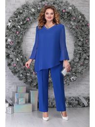 Traje de pantalón de talla grande para madre de la novia, conjunto de dos piezas, trajes de pantalón, conjuntos de trajes de gasa para invitados de boda, ropa de fiesta de noche 240122