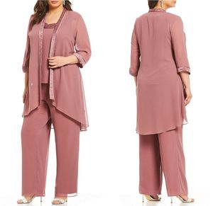 Plus Size Mother of the Bride Chiffon Pant Suit 3 Piece Long Sleeve Jacket Dress Wedding Guest Gowns