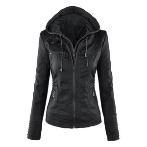 Grande taille Moto veste Streetwear femmes fermeture éclair manteau à capuche dames vêtements d'extérieur en faux cuir PU femme veste hiver Coat2151