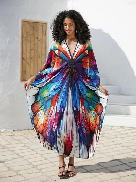 Taille plus taille multicolore boho imprimé à main en V Couc décontracté Kaftan Femmes House Robe Summer Beachwear Swimsuit Cover Up Q1634