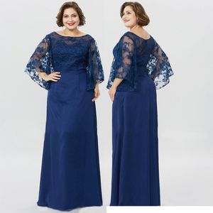 Plus Size Navy Blue Mother of the Bruid Jurken Juweel Neck Lace Applique Moeders Prom Dress voor bruiloften Sweep Train Formele Jurken SD3451