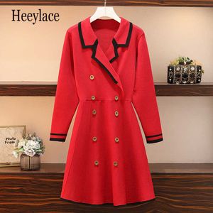 Grande taille bureau dame robe tricotée 2019 automne mode à manches longues double boutonnage patchwork dames tunique robe Y1006