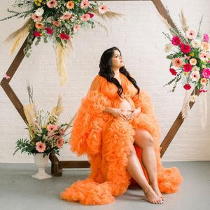 Plus size oranje prom jurken zwangere vrouwen pluizige ruches robe lange feestjurken voor fotografie sexy moederschap nachthemden