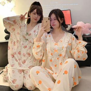 Plus size pyjama mujer cherry print slaapkleding set lange mouw toppants ruche huiskleding huidvriendelijk ademende 240403