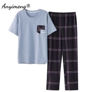 Plus Size Pyjama 3XL 4XL Nachtkleding Korte Mouwen Lange Broek Katoen Homewear Leisure Pyjama Plaid Broek Mannen Zomer Nachtkleding 210812