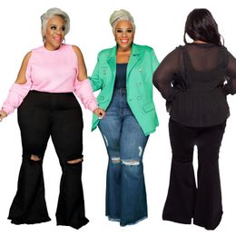 Plus Size Pants Flare Denim Jeans Dames Hoge getailleerde Hol Gat Blue Black Boyfriend Leggings Y2K Streetwear 5XL