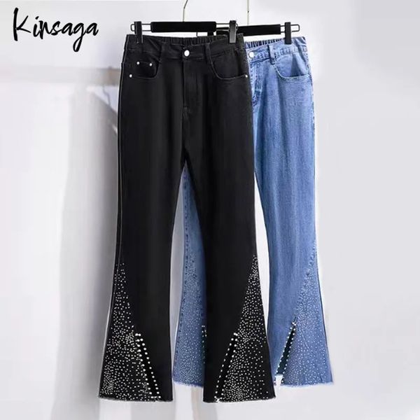 Plus la taille perle cloutée strass Flare neuvième jean 7XL femmes rue taille haute jambe large trompette fendue perlée Demin pantalon maigre 240229