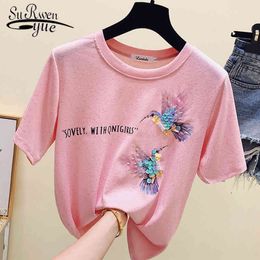 Plus Taille Rose Été Femme T-shirt Coréen Femmes Tops Tee-shirt À Manches Courtes Mode Imprimer Vêtements blusas 4911 50 210521