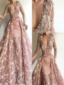 Plus size roze v nek kant zeemeermin avondjurken lange mouwen applique prom jurken met afneembare trein formele jurken avond w8667520