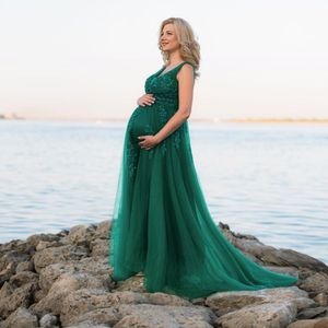 Plus size zwangere vrouwen prom jurken een lijn mouwloze appliques kant kralen lange tule moederschap formele avondjurken