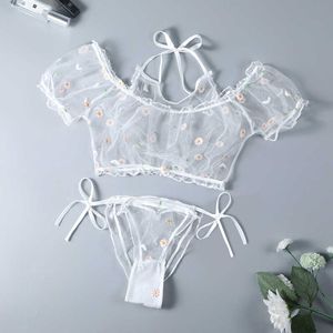 Plus Size Princess Sexy Pyjama Set Femmes Ultra-mince Perspective Floral Print Mesh Sleepwear avec Short Pj Set Kawaii Lingerie Q0706