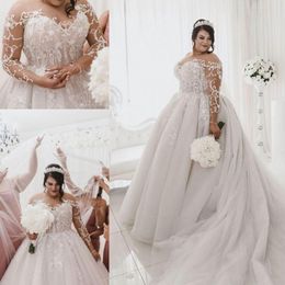 Grande taille princesse robes de mariée 2022 moderne col transparent à manches longues dentelle appliques perles robe de mariée vestido de novia