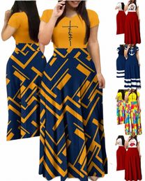 Plus Size Print Korte Mouw Rok Set Oranje Sets Hoge Taille Rok Casual Ruche Zoom Grote Schommel Maxi Rok Vrouwen Lg Dr Set 56Zl #