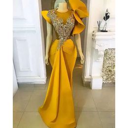 Plus la taille de bal arabe Aso Ebi jaune sirène robes élégantes dentelle perles cristaux soirée formelle fête deuxième réception robes robe