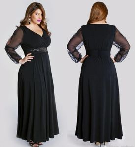 Plus size prom -jurken Black V nek lange mouwen jurken jurken avondkleding vloer lengte chiffon feestjurken met kralen sjerpen