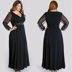 Plus size prom -jurken Black V nek lange mouwen jurk avondje slijtage vloer lengte chiffon feestjurken met kralen sjerpen sd3357 289s