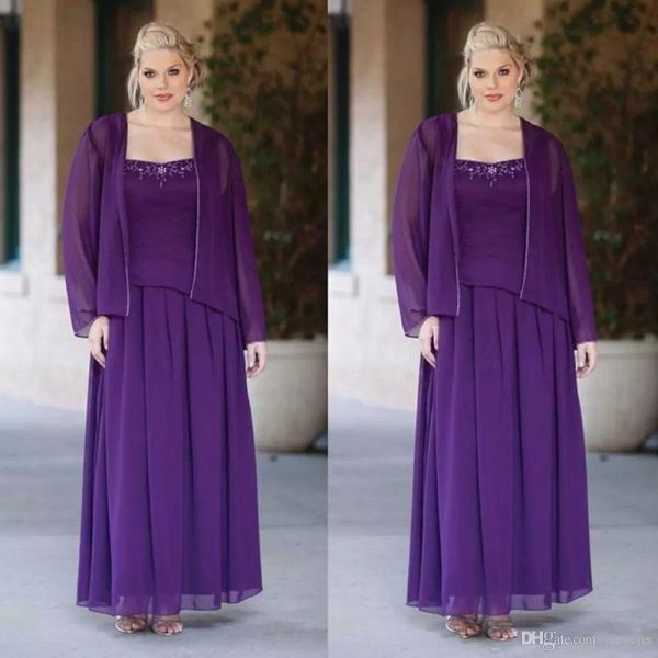 Robes mère de la mariée violettes, grande taille, deux pièces, veste en mousseline de soie, bretelles Spaghetti, longueur au sol, robe d'invité de mariage perlée