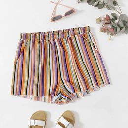 Plus size regenboogstreep print casual zomer korte elastische taille losse bloemen shorts vrouwelijk groot strand 240420