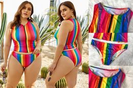 Plus size regenboog gestreepte bikini zwempak hoge taille bikini set met conservatieve stijl met rits hoog elasticiteit voor strand en zwembad ast3687