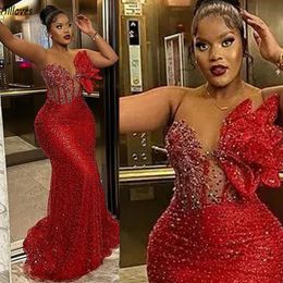 Sparkly Red African Girls prom jurken glanzende pailletten kralen unieke gelaagde decor vrouwen formele jurken vegen trein zeemeermin tweede receptie verloving jurk cl3083