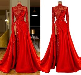 Plus Size Red Glitter Avondjurken 2022 Lange Mouwen Moslim Robe De Soiree Formele Prachtige Pageant Prom Dress Party Red Carpet Towns