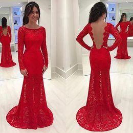 Robe De soirée sirène rouge, grande taille, en dentelle, col à bijoux, manches longues, robes De bal formelles pour femmes