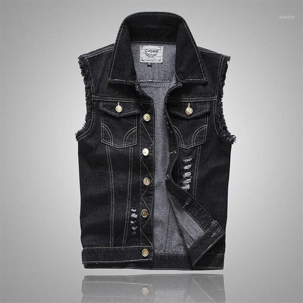 Grande taille déchiré noir Denim gilet hommes coupe ajustée homme jean sans manches veste débardeur Cowboy marque 5XL emmanchure Style1313M