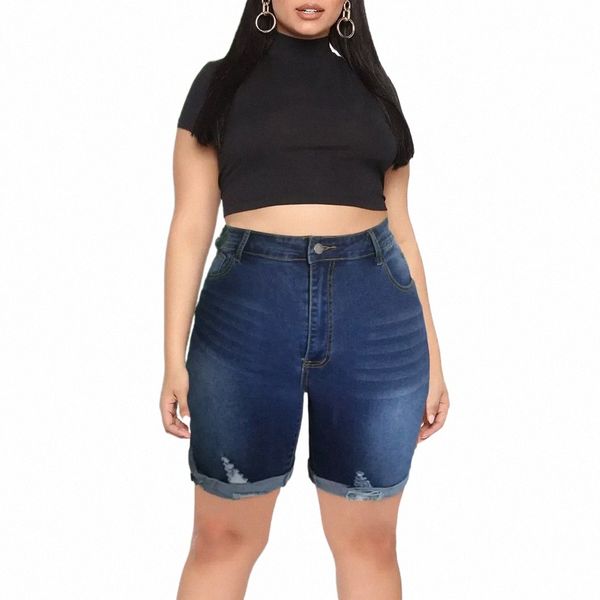 Plus Size Roll Up Medium Strecth Skinny Ripped Cinquième Point Capris Jeans Maman 4XL Été Femmes Revers Mid Blue Denims Bermudas n70d #