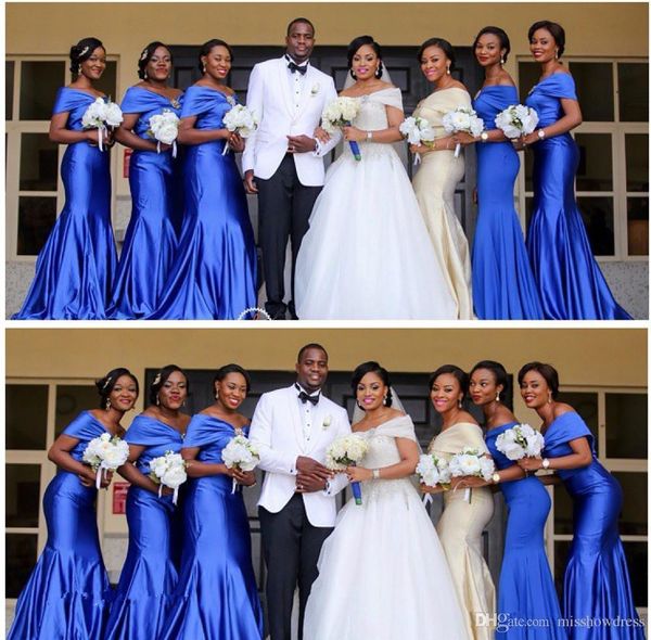 Plus la taille bleu royal africain nigérian hors épaule sirène robes de demoiselle d'honneur longue froncée demoiselle d'honneur robe d'invité de mariage vestidos