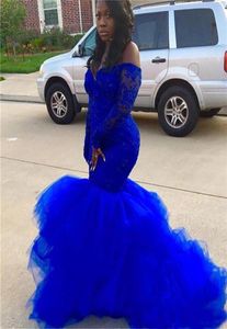 Plus size Royal Blue Mermaid Prom Dresses Long Sleeve Black Girl Lace Tutu Avondjurken Afrikaanse dame formele avondjurken SD3386682026