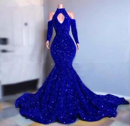 Plus size Royal Blue Sequins Mermaid Prom Dresses Elegant Long Sheeves avondjurken 2022 Off Schouder Women Formele feestjurk Cu7167871