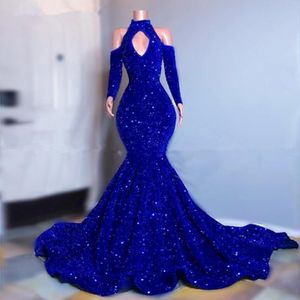 Plus size koninklijke blauwe pailletten zeemeermin prom jurken elegante lange mouwen avondjurken 2022 off -schouder vrouwen formele jurk 341H