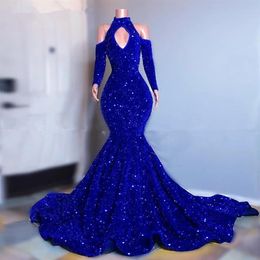 Grande taille bleu royal paillettes scintillantes robes de bal manches longues sirène robes de soirée 2021 élégant hors épaule femmes formelle Dress253Q
