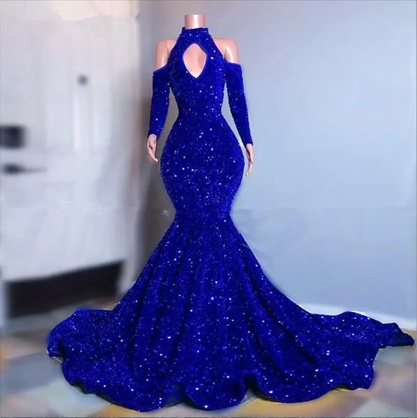 Grande taille bleu Royal paillettes scintillantes robes de bal manches longues sirène robes de soirée élégante hors épaule femmes robe formelle