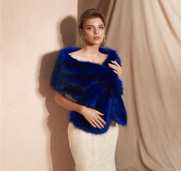 Plus la taille bleu royal femmes fourrure épaule Wrap châles de mariée Cape fausse fourrure de mariage haussement d'épaules robe de soirée manteau boléros en Stock p6659528