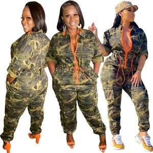 Grande taille S-3xl 4xl 5xl femmes combinaisons de Camouflage printemps automne barboteuses à fermeture éclair Cardigan body fermeture à la taille survêtements une pièce