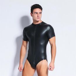 Talla grande S-3XL Negro Sexy Body de cuero para hombres PU Latex Catsuit Hombres Lencería sexy Charol de una pieza Leotardo Gay Wea319y