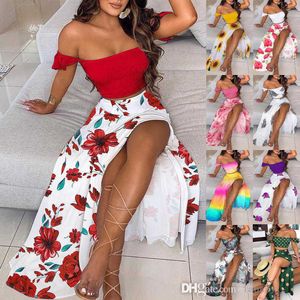 Tallas grandes S-3XL Conjunto de vestido de dos piezas de verano Moda para mujer Boho Elegante Vestido largo con abertura en el lado alto Falda con top corto sin tirantes Conjuntos de 2 piezas a juego Trajes