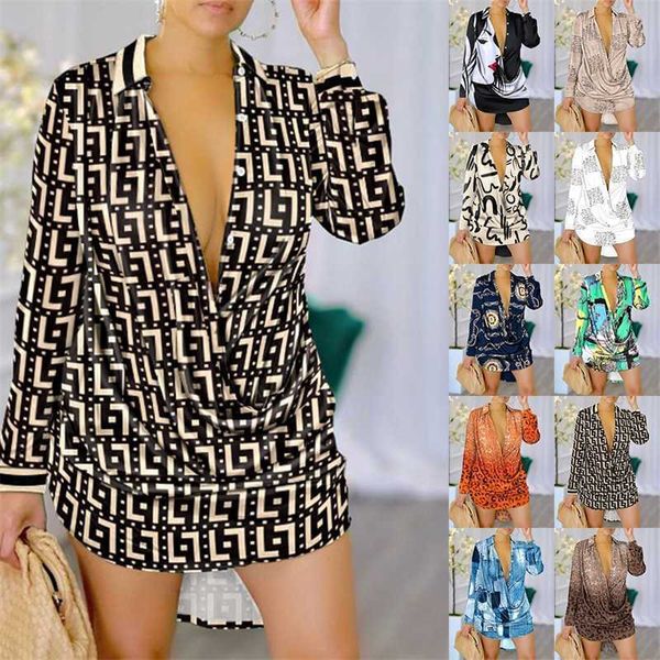 Designer Casual Shirt Robes Femmes Sexy Mode Imprimé Robe À Manches Longues Botton Chemises Plus La Taille 3xl