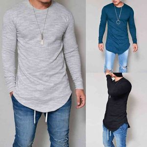 Plus Size S-4XL 5XL Mannen Mode Casual Slanke Elastische Zachte Effen Lange Mouw Mannen T-shirts Mannelijke Fit Tops Tee Longline T-shirt Y0323