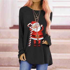 Plus Size S-5XL Fashion Christmas Santa Print Dames T-shirt Casual Losse Lange Mouw Basic Tops W773 210526