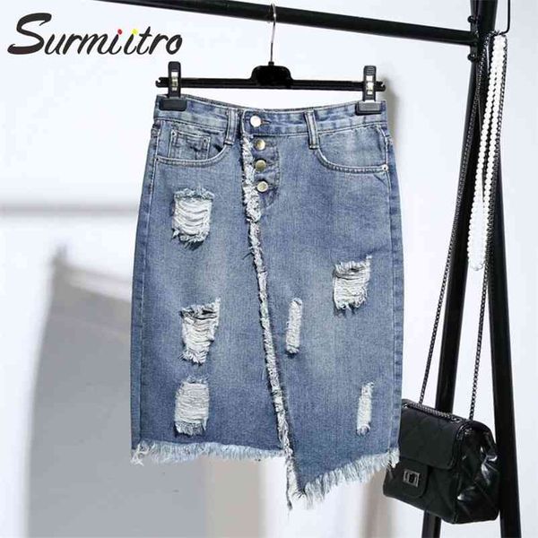 Plus Taille S-5XL Midi Genou Longueur Denim Jupe Femmes Printemps Été Trou Bouton Soleil École Taille Haute Femme 210421